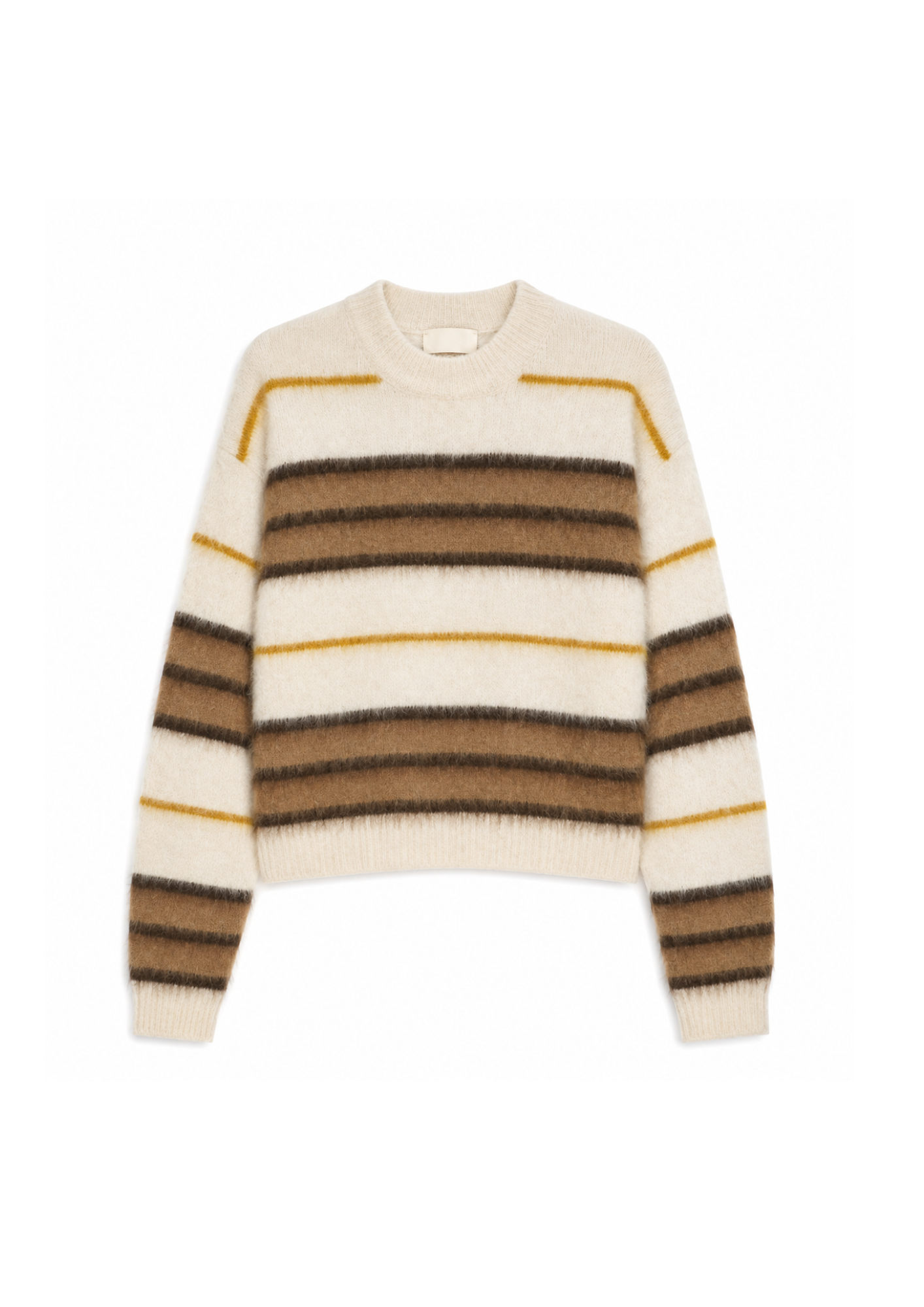 A fuzzy knit crewneck sweater with horizontal stripes in cream, brown, and mustard yellow, displayed on a clean white background.