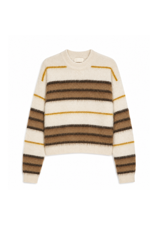 A fuzzy knit crewneck sweater with horizontal stripes in cream, brown, and mustard yellow, displayed on a clean white background.
