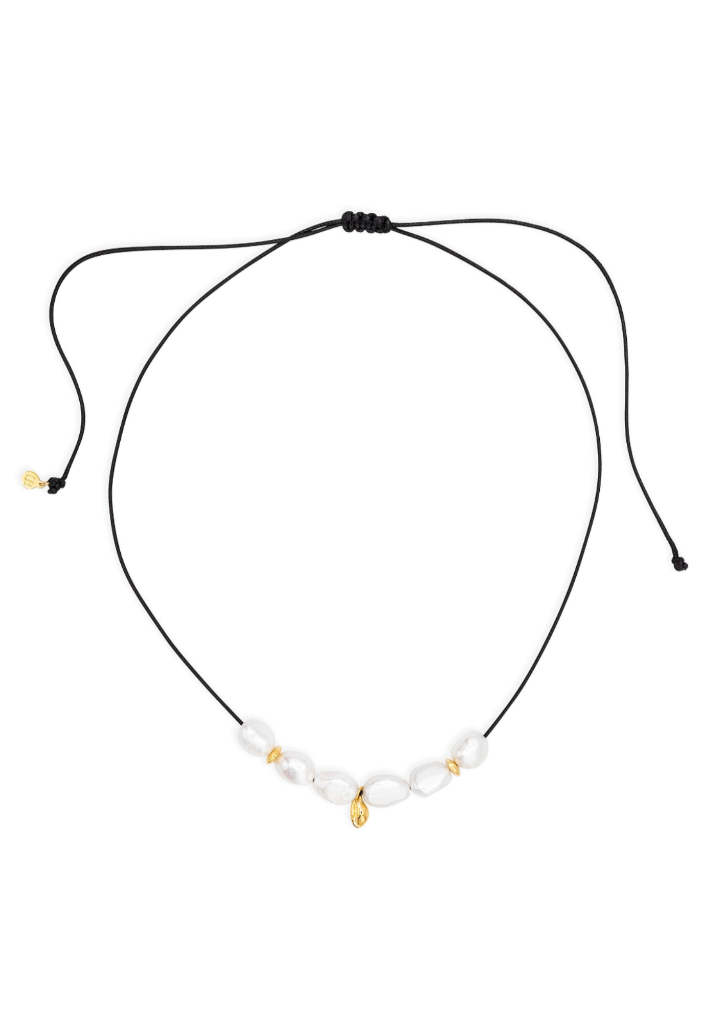 Necklace with black cord and small beads on a white background