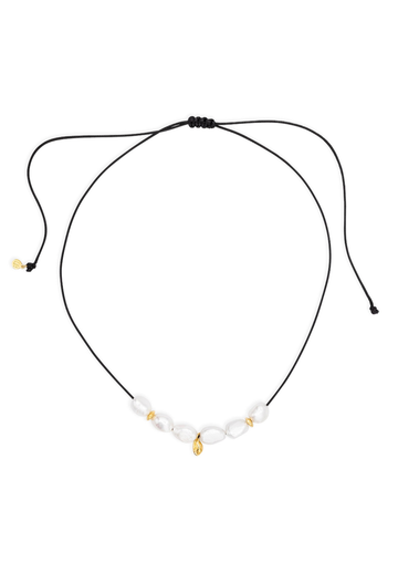 Necklace with black cord and small beads on a white background