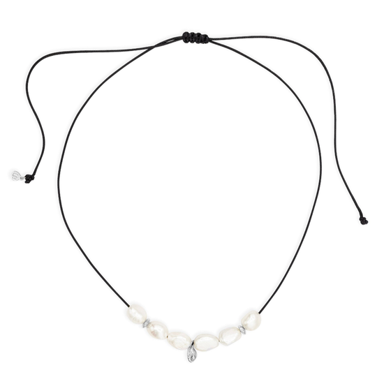 Necklace with black cord and small pendants on a white background