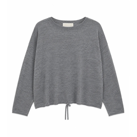 A heather gray long-sleeve knit sweater with a crew neck and a drawstring tie at the hem, displayed flat against a white background.