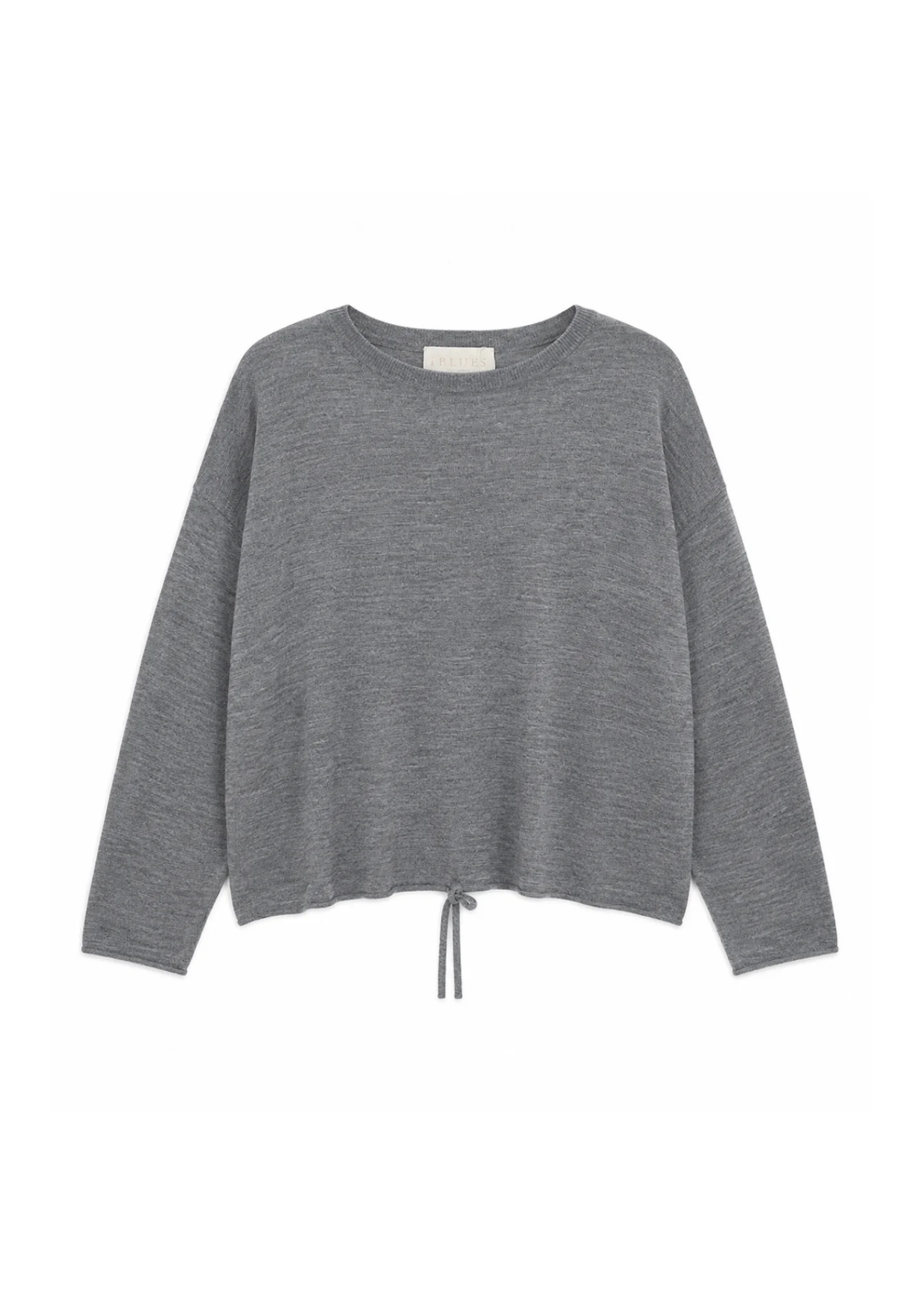 A heather gray long-sleeve knit sweater with a crew neck and a drawstring tie at the hem, displayed flat against a white background.