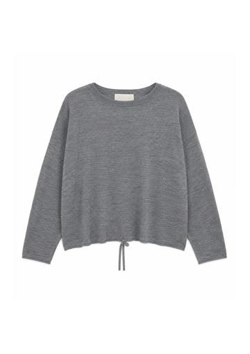 A heather gray long-sleeve knit sweater with a crew neck and a drawstring tie at the hem, displayed flat against a white background.