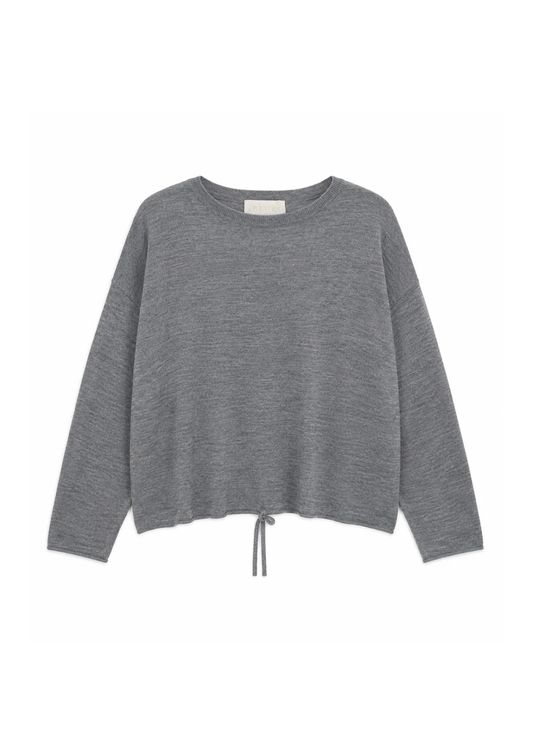 A heather gray long-sleeve knit sweater with a crew neck and a drawstring tie at the hem, displayed flat against a white background.