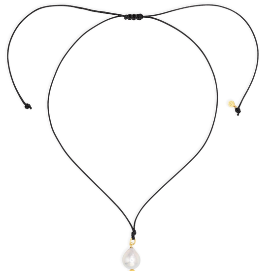 Black cord necklace with a pearl pendant on a white background