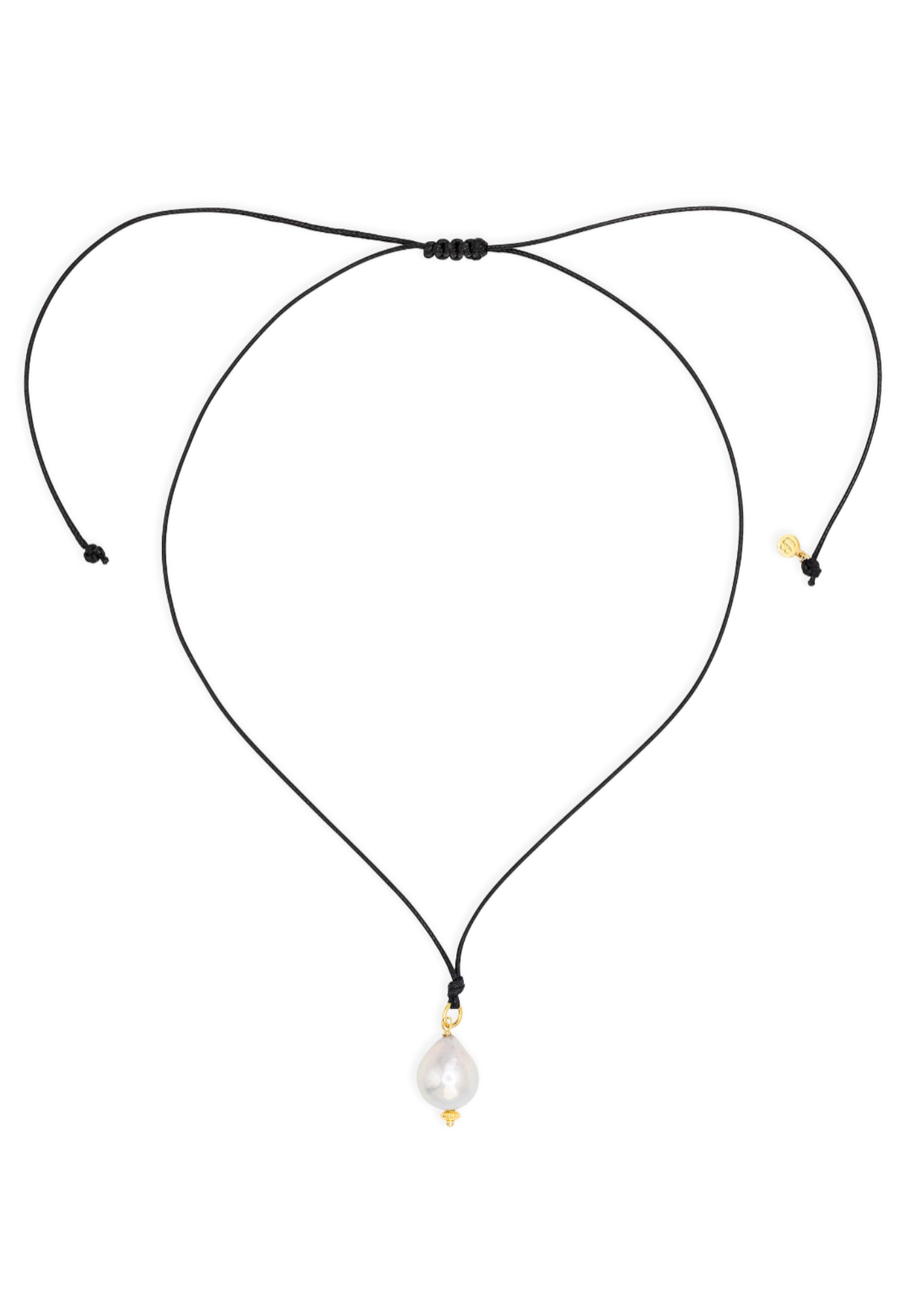 Black cord necklace with a pearl pendant on a white background