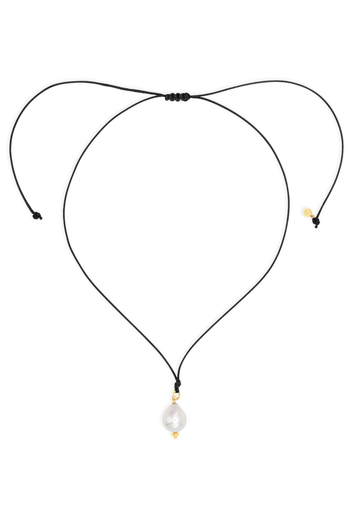 Black cord necklace with a pearl pendant on a white background