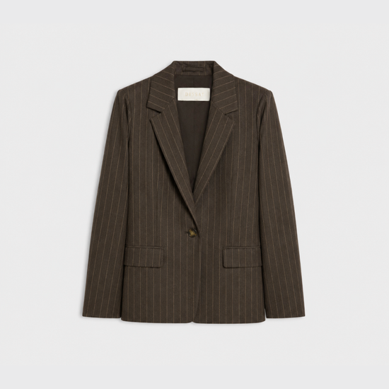 A dark brown pinstripe blazer with a single button closure, displayed flat against a light gray background.