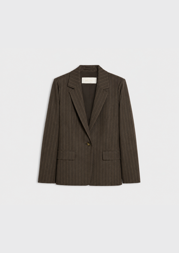 A dark brown pinstripe blazer with a single button closure, displayed flat against a light gray background.