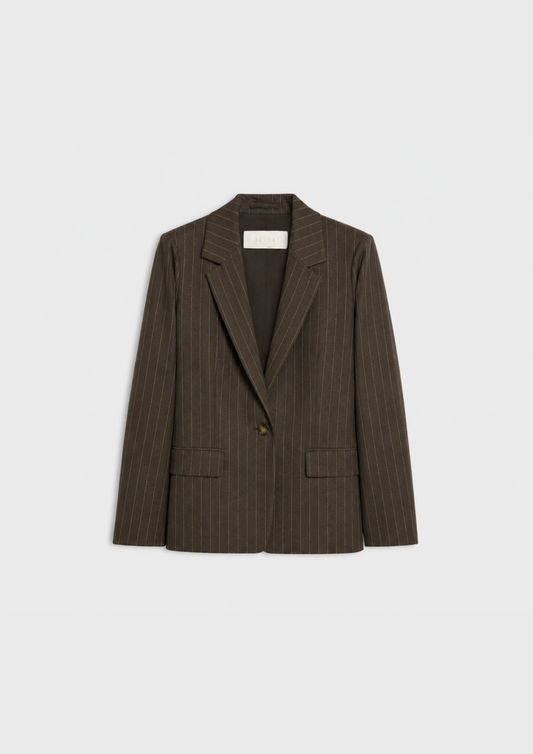 A dark brown pinstripe blazer with a single button closure, displayed flat against a light gray background.