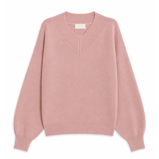 A dusty pink knit sweater with a V-neckline, long sleeves, and ribbed cuffs and hem, displayed flat against a plain white background.