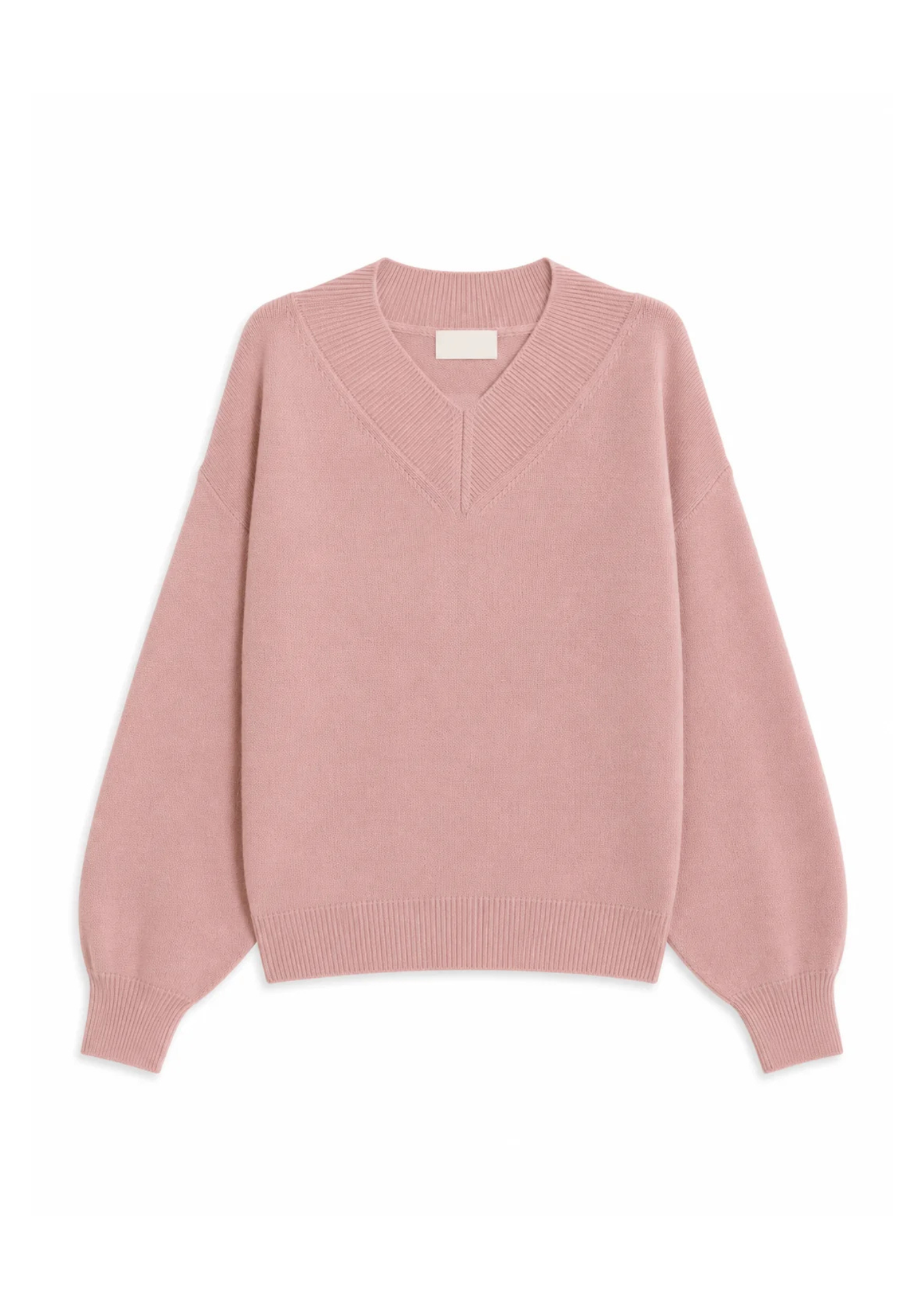 A dusty pink knit sweater with a V-neckline, long sleeves, and ribbed cuffs and hem, displayed flat against a plain white background.