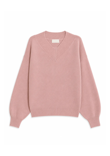 A dusty pink knit sweater with a V-neckline, long sleeves, and ribbed cuffs and hem, displayed flat against a plain white background.