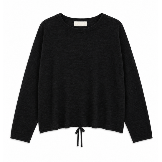 A black long-sleeve knit sweater with a crew neck and a drawstring hem, displayed flat against a plain white background.