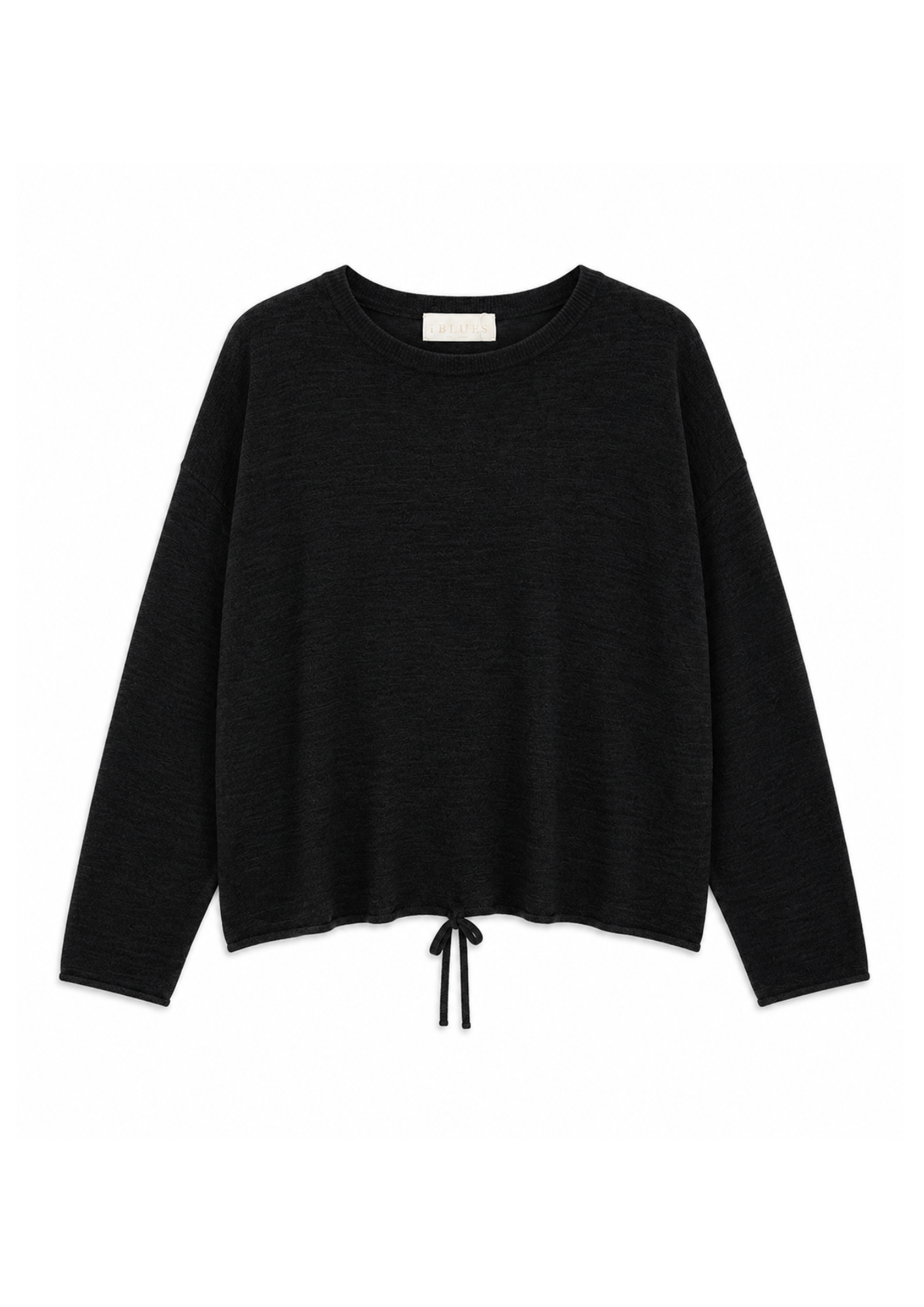 A black long-sleeve knit sweater with a crew neck and a drawstring hem, displayed flat against a plain white background.