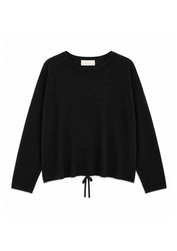 A black long-sleeve knit sweater with a crew neck and a drawstring hem, displayed flat against a plain white background.