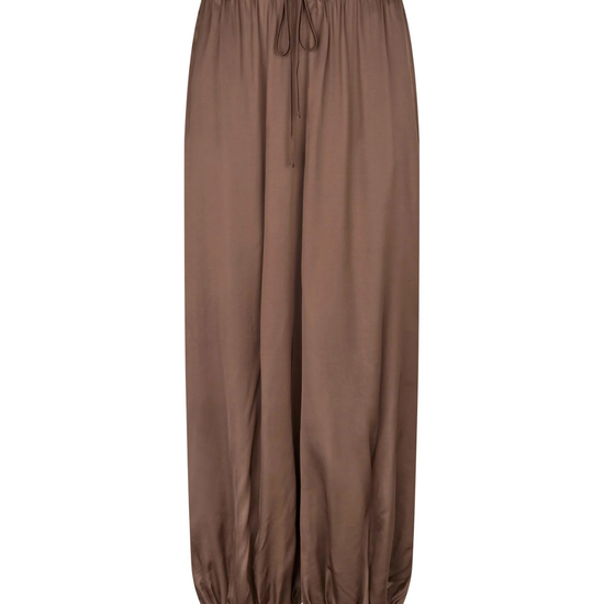 A pair of loose-fitting brown harem-style pants with an elastic drawstring waist and gathered elastic cuffs at the ankles, shown against a plain white background.