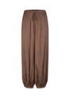 A pair of loose-fitting brown harem-style pants with an elastic drawstring waist and gathered elastic cuffs at the ankles, shown against a plain white background.