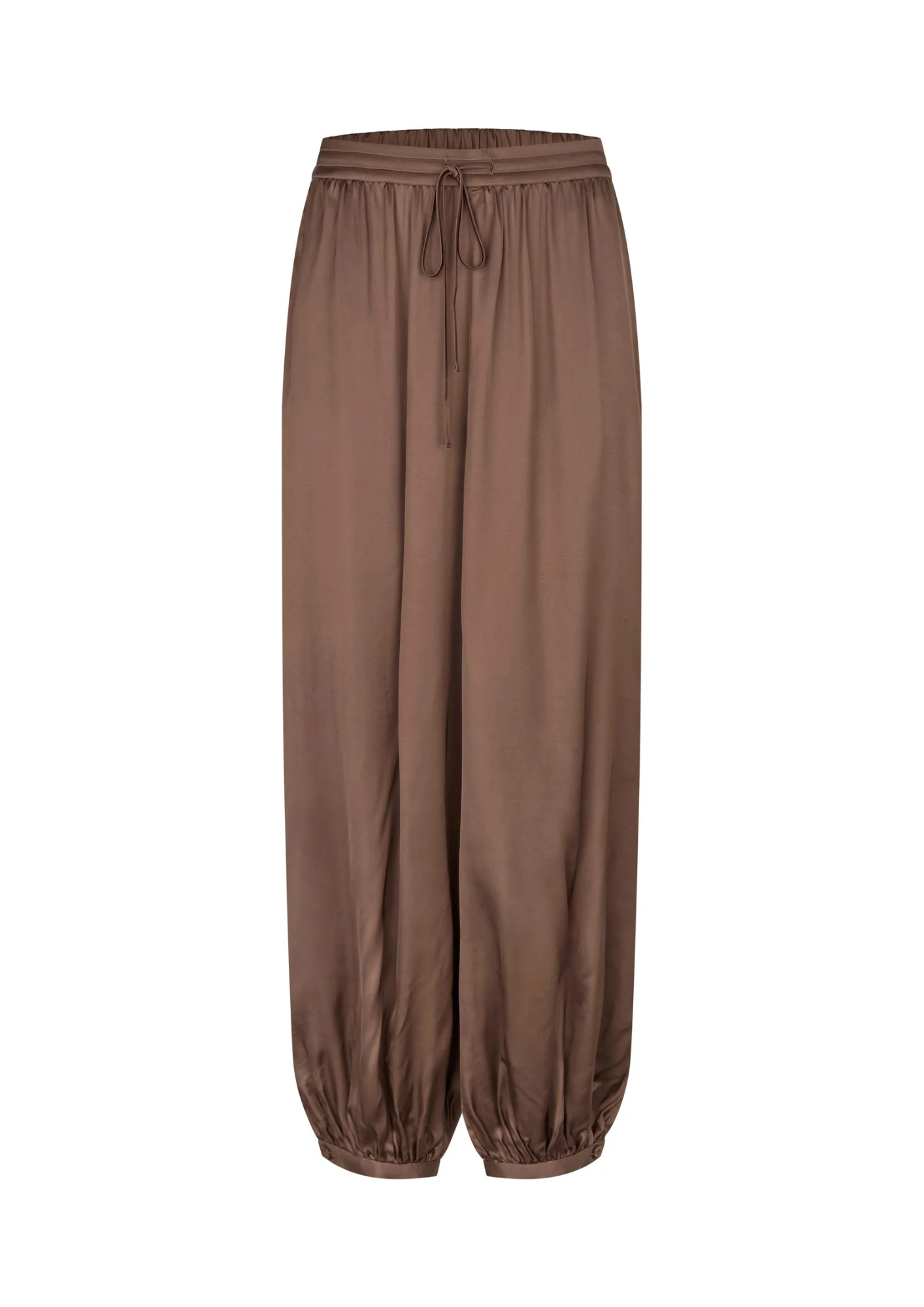 A pair of loose-fitting brown harem-style pants with an elastic drawstring waist and gathered elastic cuffs at the ankles, shown against a plain white background.
