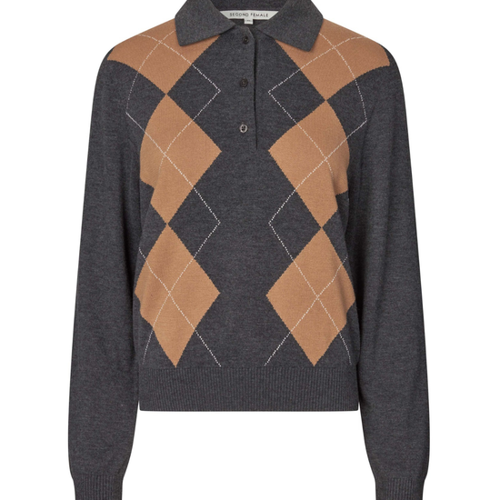A dark gray knit polo sweater featuring a tan argyle pattern on the chest, with a three-button placket and a pointed collar.