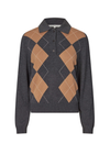 A dark gray knit polo sweater featuring a tan argyle pattern on the chest, with a three-button placket and a pointed collar.