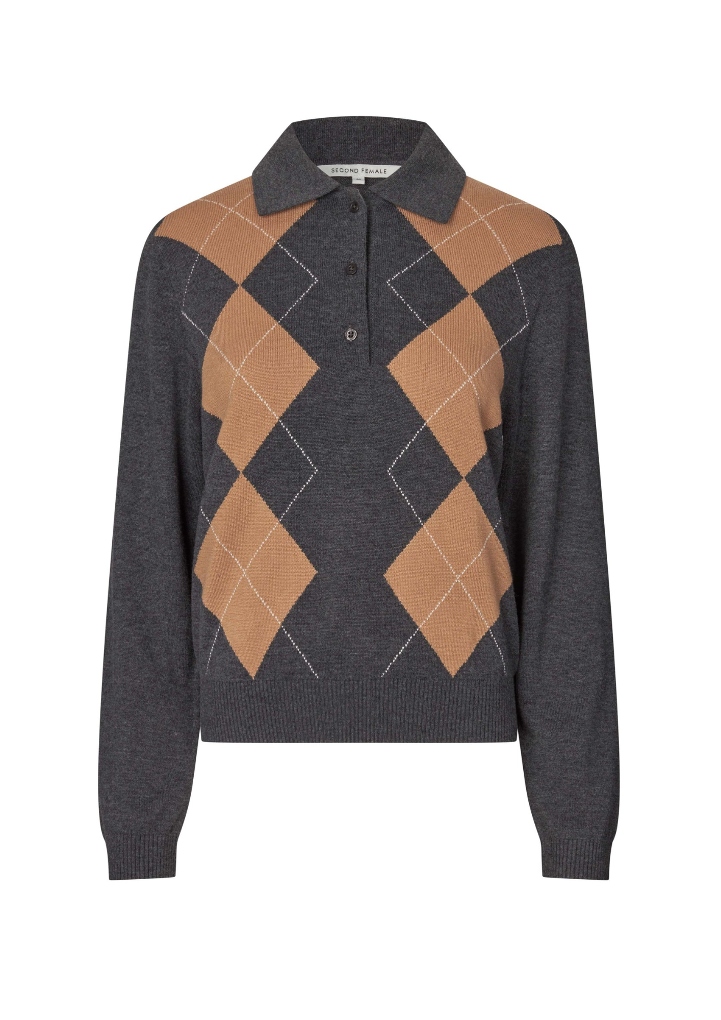 A dark gray knit polo sweater featuring a tan argyle pattern on the chest, with a three-button placket and a pointed collar.