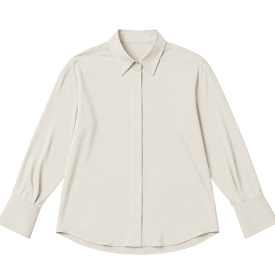 Beige classic long sleeve collared shirt on a white background