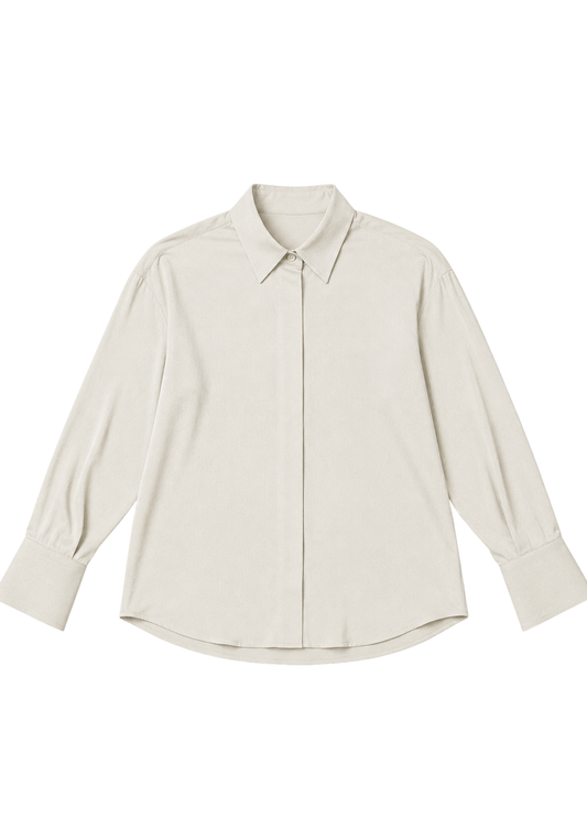 Beige classic long sleeve collared shirt on a white background