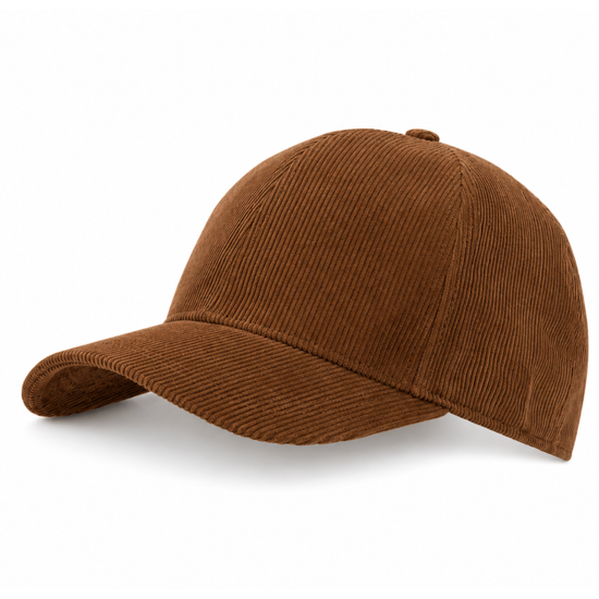 A brown corduroy baseball cap shown from a three-quarters angle on a clean white background.
