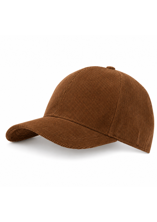 A brown corduroy baseball cap shown from a three-quarters angle on a clean white background.