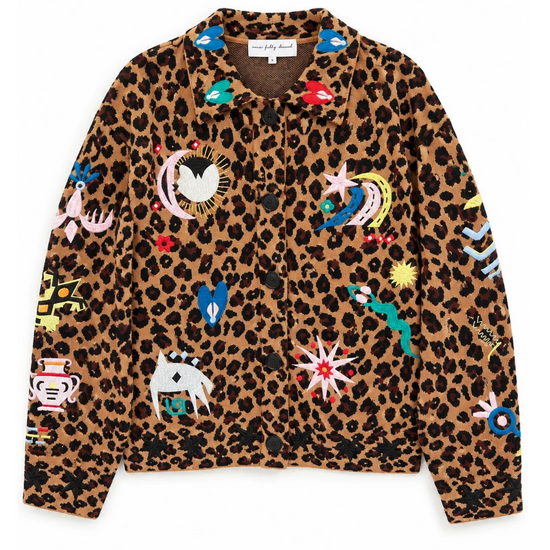 flat lay image of a leopard print cardigan with colourful patches all over