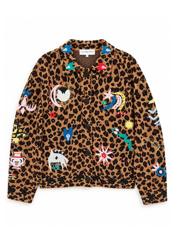 flat lay image of a leopard print cardigan with colourful patches all over