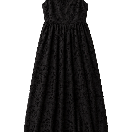 Black textured bubble hem dress on a white background