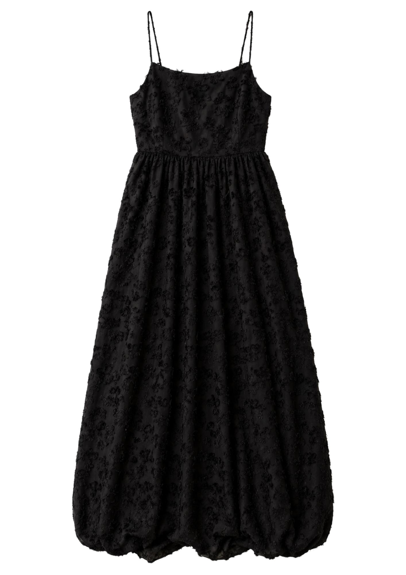 Black textured bubble hem dress on a white background