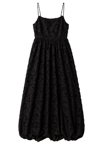 Black textured bubble hem dress on a white background