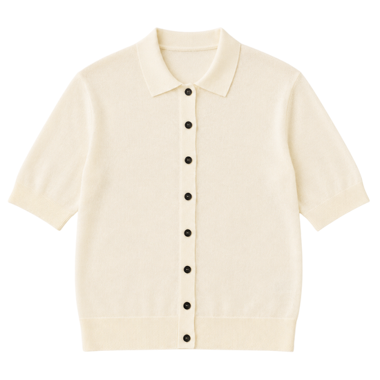 Classic collared short sleeve cream knit with black buttons