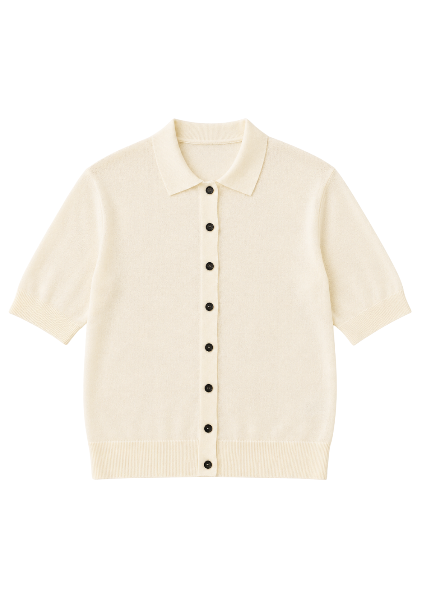 Classic collared short sleeve cream knit with black buttons