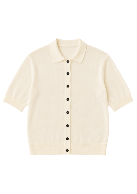 Classic collared short sleeve cream knit with black buttons