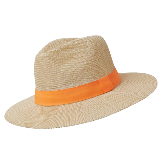 Beige straw hat with an orange band on a white background