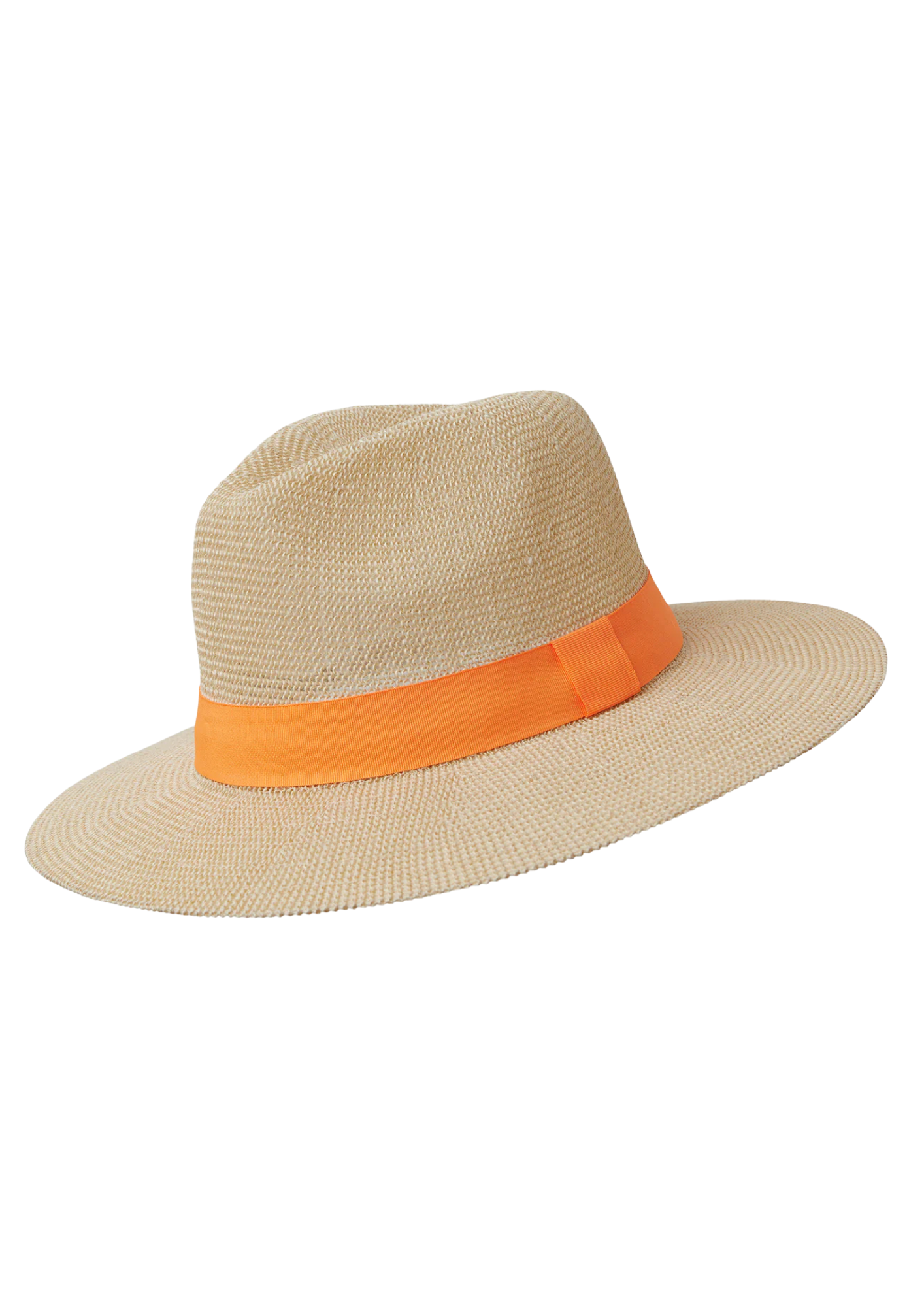Beige straw hat with an orange band on a white background