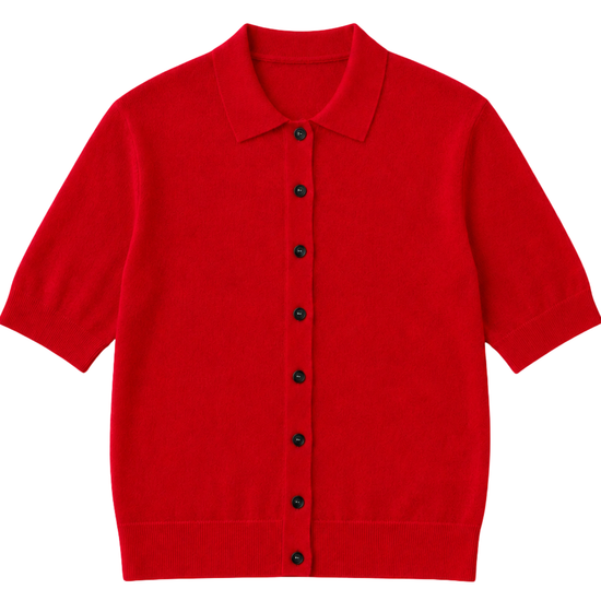 Red short-sleeve knit with black buttons on a white background