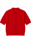 Red short-sleeve knit with black buttons on a white background