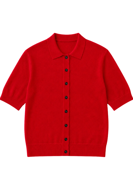Red short-sleeve knit with black buttons on a white background