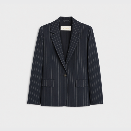 A navy blue pinstripe blazer with a single button closure, displayed flat against a light gray background.
