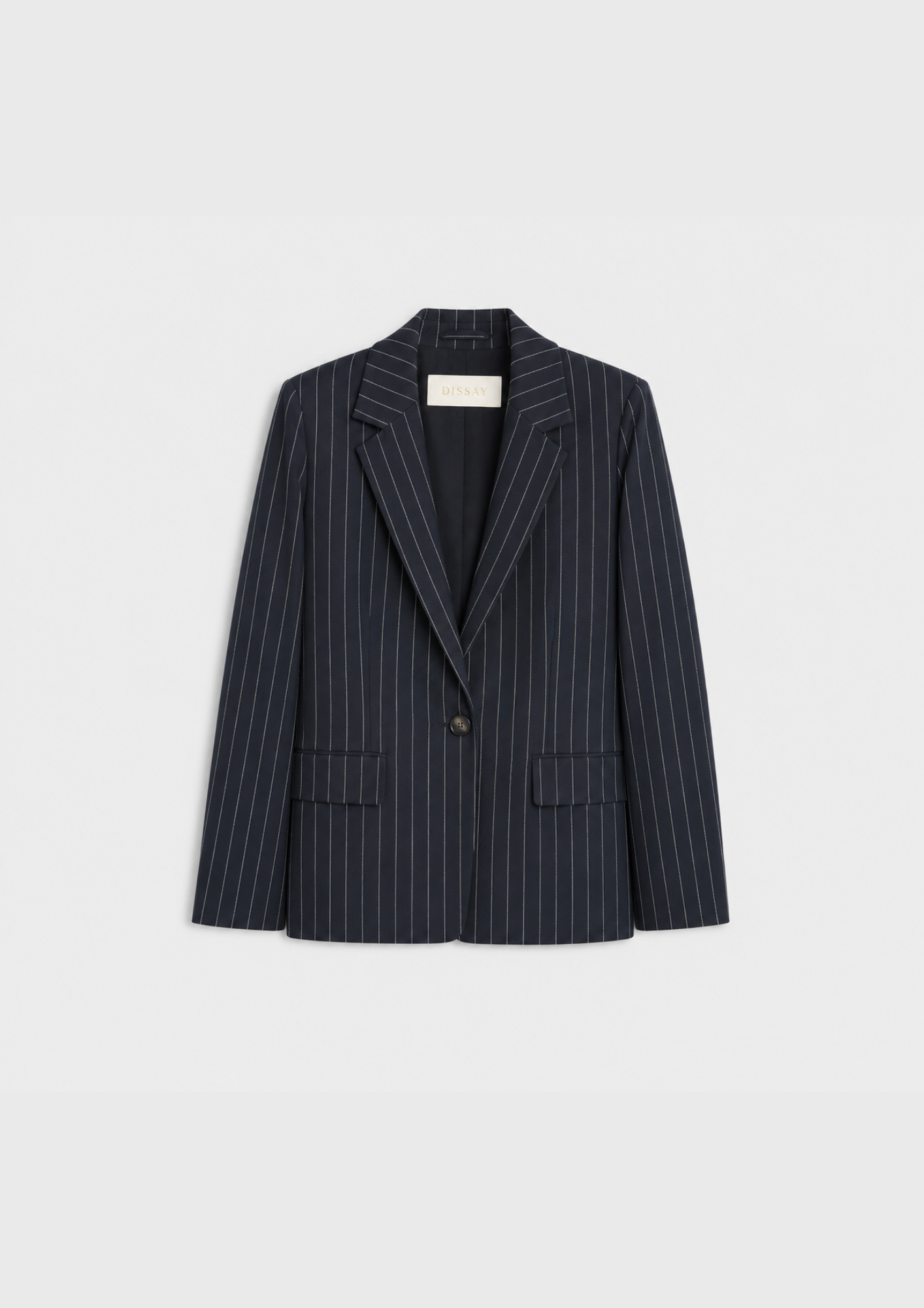 A navy blue pinstripe blazer with a single button closure, displayed flat against a light gray background.