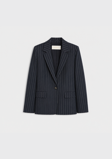 A navy blue pinstripe blazer with a single button closure, displayed flat against a light gray background.