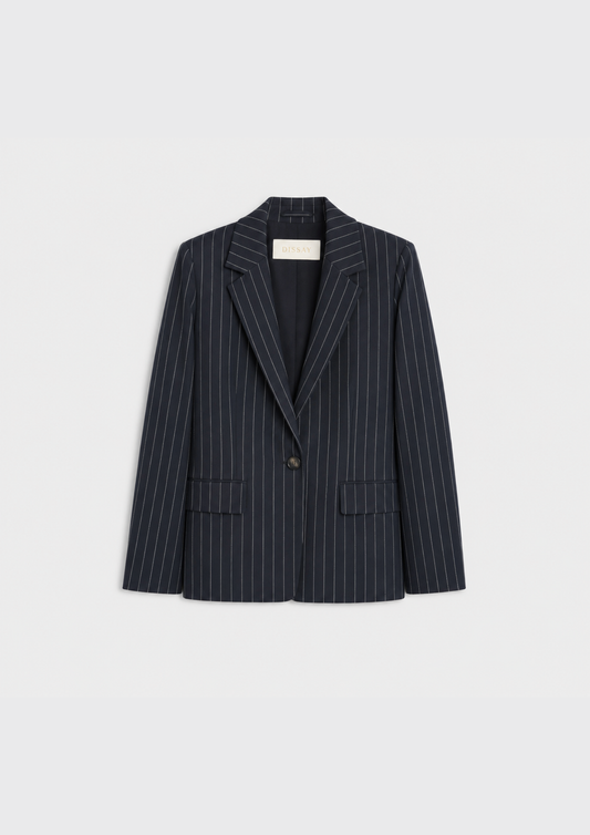 A navy blue pinstripe blazer with a single button closure, displayed flat against a light gray background.