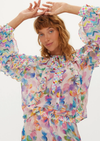 ruffle blouse with tie neck and zig zag colourful print