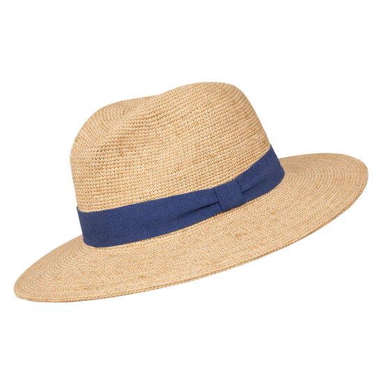 Raffia beige straw hat with a blue band on a white background